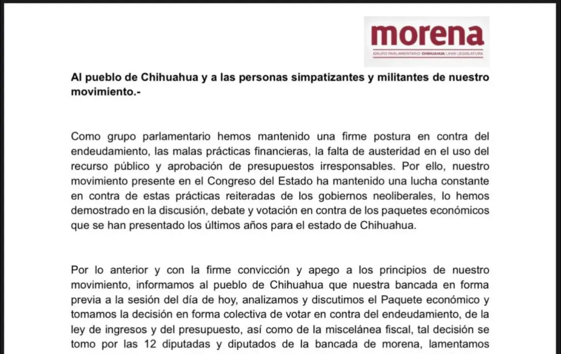 COMUNICADO BANCADA MORENA