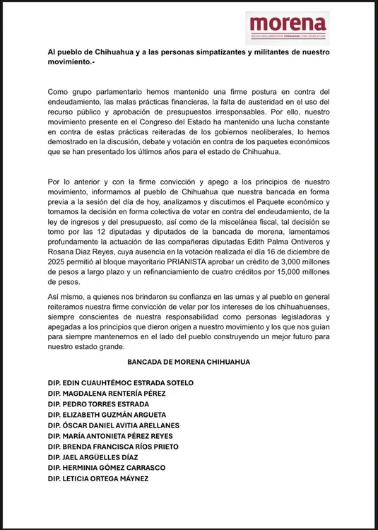 COMUNICADO BANCADA MORENA